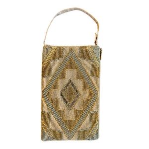 Geometric Cream and Gold‎ Beaded Beaded Crossbody or Wristlet Bag
